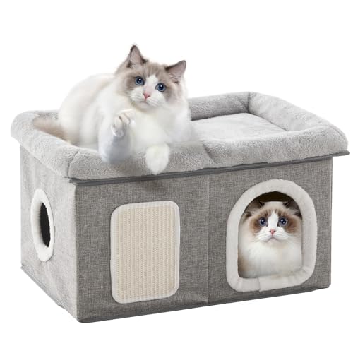 WINDRACING Cat Beds for Indoor Cats - Extra Wide Cat House for Pet and Foldable Cat Cave Bed with Scratch Pad, Cat Hideaway Condo for Kitten, 24.4x16.9x14.2 inches, Light Grey