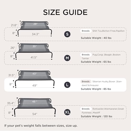 Bedsure Outdoor Elevated Dog Bed Large Sized Dog, Portable Indoor & Outdoor Cooling Raised Cot Pet Hammock Bed with Skid-Resistant Feet, Frame with Breathable Mesh, Grey, 49 inches