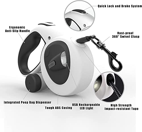 HCY&WLD Upgrade 4-in-1 Retractable Dog Leash with LED Light & Dispenser & Poop Bags, 16 ft Heavy Duty Dog Leash with Anti-Slip Handle for Dogs up to