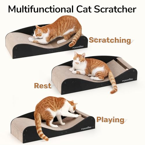 FUKUMARU Cardboard Cat Scratcher Bed, Extra Long 29.1 Inch Cat Scratch Bed Couch Indoor, Natural Felt Multifunctional Cats Scratching Lounger, Horizontal Kitten Cats Scratch Pad with Ball Toy, Black