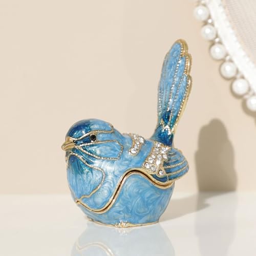 Exquisite Hand - Painted Enamel Blue Bird Trinket Box Hinged Rhinestone - Adorned Mini Jewelry Organizer for Rings & Necklaces, Ideal Classical Home Decor & Collectible Keepsake (Trinket Box-B)