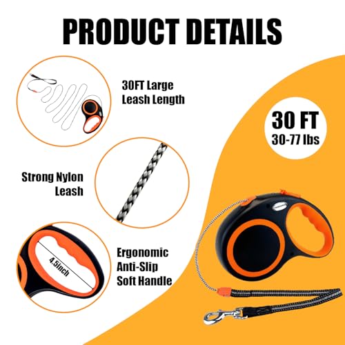 Retractable Dog Leash Automatic Telescopic Tractor Dog Tape, 30 FT Dog Walking Leash for Medium Large Dogs up to 77 lbs with Non-Slip Handle,Night