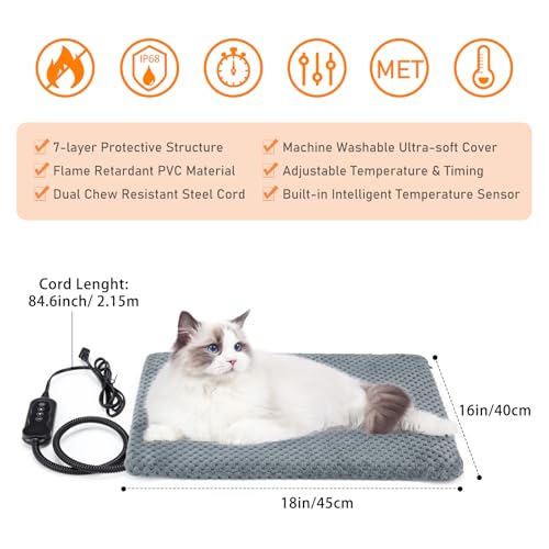 INVENHO Heated Cat Bed, Waterproof Adjustable Temperature Dog Cat Heating Pad with Timer, Indoor Pet Heating Pad for Cats Dogs Electric Pads for Dogs Cats, Pet Heated Pad (S: 18" x 16")