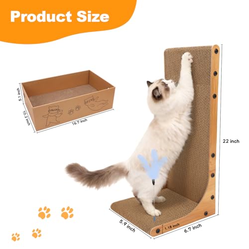 Cat Scratching Post, 3-in1 Scratching Board for Indoor Cats, 2PK 22in L-Shaped Cat Scratcher with 1PK Cardboard Box Scratch Pad, Cats Scratch Furniture Protector with Feathered Toy