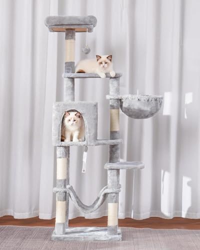 Hey-brother Cat Tree with Large Hammock, Multi-Level Cat Tower for Indoor Cats, Cat Condo with Sisal-Covered Scratching Posts and Top Perch, Light Gray MPJ050W