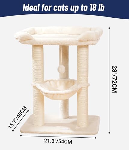 Happi N Pets 28" Cat Tree Tower, Tall Cat Scratching Post with Soft Perch for Window Viewing, Large Bed for Big Cats, Stable & Compact Cat Tower with Hammock, Removable Cover-Beige