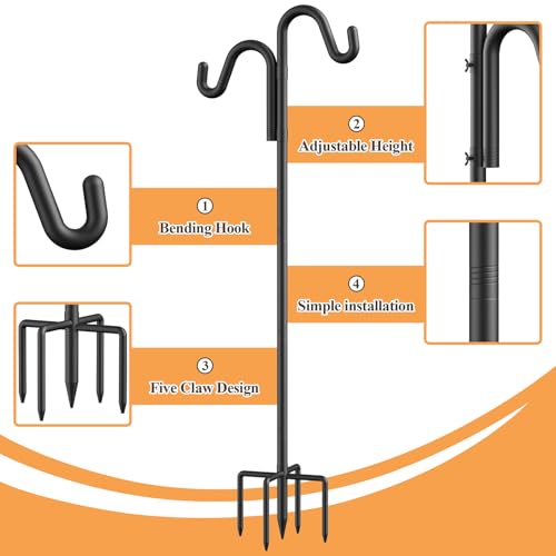 76" Double Hooks Heavy Duty Adjustable Bird Feeder Pole with Sturdy 5-Prong Base, Height Adjustable Shepherds Hook for Hanging Feeders, Plants, Solar Lanterns & Wind Chimes (2026 Upgrade)