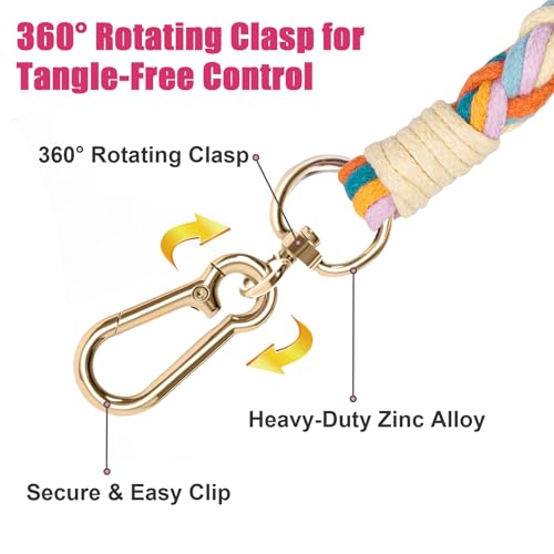 Handmade 5ft Braided Cotton Dog Leash with Unique Floral Handle, Durable and Stylish, Ideal for Small to Large Dogs,Rainbow Mix