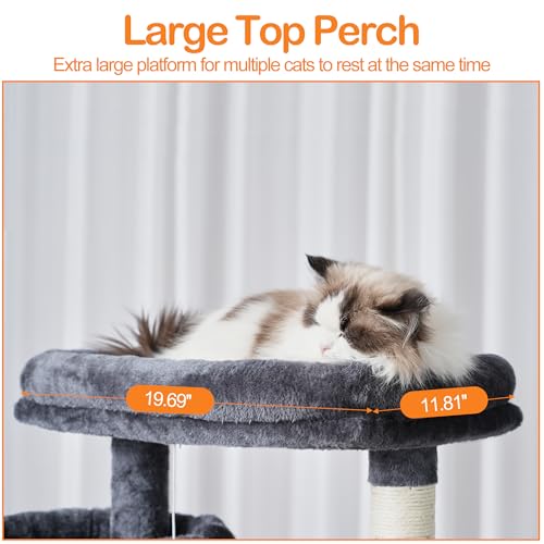 Heybly Cat Tree, 71-Inch-Tall Tower for Indoor Cats with 2 Perches, 2 Big Condos, 2 Hammocks, Basket, Scratching Pad, Large Cat Furniture and Condo, Smoky Gray HCT034G
