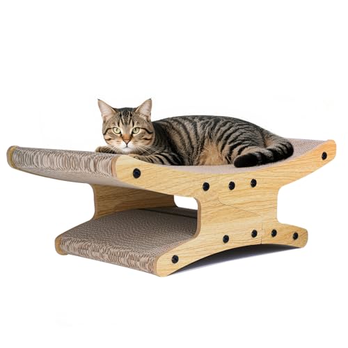 Reversible Cat Scratcher Bed, Large Scratching Board for Indoor Cats - Cardboard Pad & Durable Cat Scratcher Lounge Hammock Furniture, Natural Wood Color