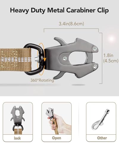 Joytale Tactical Dog Leash Heavy Duty, 4-6FT Shock Absorbing Bungee Lead with 2 Padded Handle, Metal Carabiner Clip, Car Seatbelt, Strong No Pull