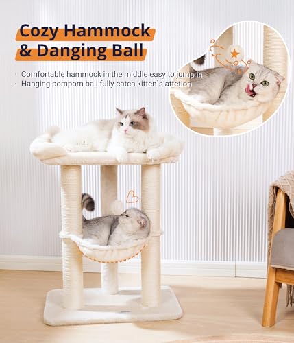 Happi N Pets 28" Cat Tree Tower, Tall Cat Scratching Post with Soft Perch for Window Viewing, Large Bed for Big Cats, Stable & Compact Cat Tower with Hammock, Removable Cover-Beige
