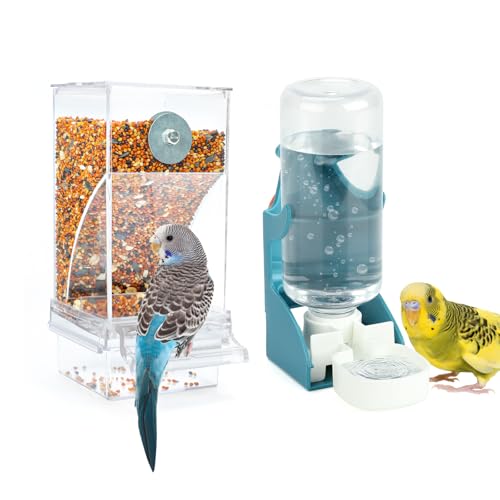 Rypet No Mess Bird Water Feeder Dispenser Set Automatic Bird Feeder Transparent Food Container Cage Acrylic Parrot Feeders Accessories for Small Birds Parrot Cockatoo Canary