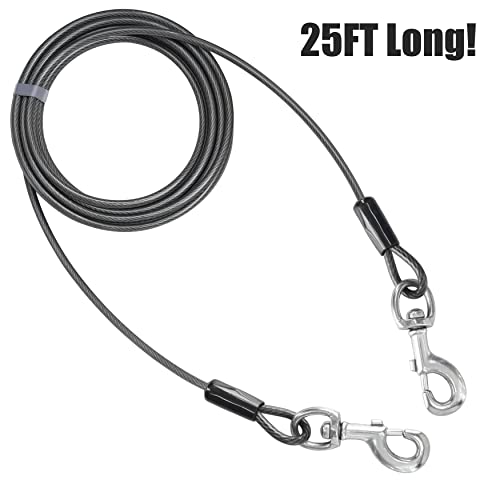 BV Dog Tie Out Cable 25 Feet - Heavy Duty Dog Lead Up to 250 Pounds - Reflective & Rust-Free with Quick Release Swivel Clips & 360° Rotating Clasp