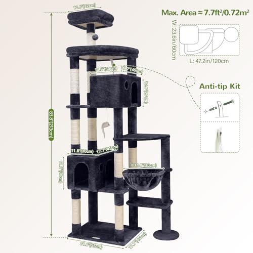 Globlazer Giant Cat Tree, 83 inch Cat Tree for Indoor Cats Large Adult, XXL Cat Tower with 9 Scratching Posts for 20lb+ Heavy Duty Large Adult Cats, F83, Dark Grey