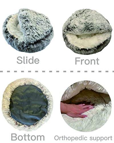 ShinHye Cat Bed Round Plush Fluffy Hooded Cat Bed Cave, Cozy for Indoor Cats or Small Dog beds, Soothing Pet Beds Doughnut Calm Anti-nxiety Dog Bed - Waterproof Bottom Washable (20×20inch, Grey)