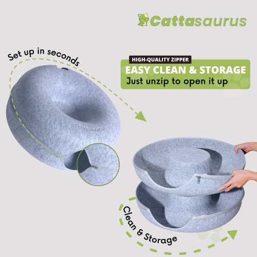 Cattasaurus Peekaboo Cat Cave Donut for Multiple & Large Cats up to 30-45 lbs, 3-in-1 Self Warming Cat Bed, Tunnel & Scratcher for Indoor Cats, Washable & Detachable Small Dog Bed (Light Gray, Large)