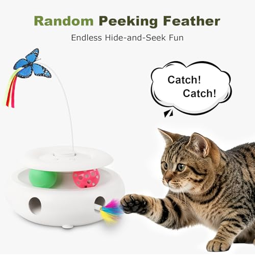 Cat Toys for Indoor Cats, 3-in-1 Interactive Cat Toy Automatic Kitten Toys with Fluttering Butterfly, Ambush Feather and Track Balls, Smart Sensor