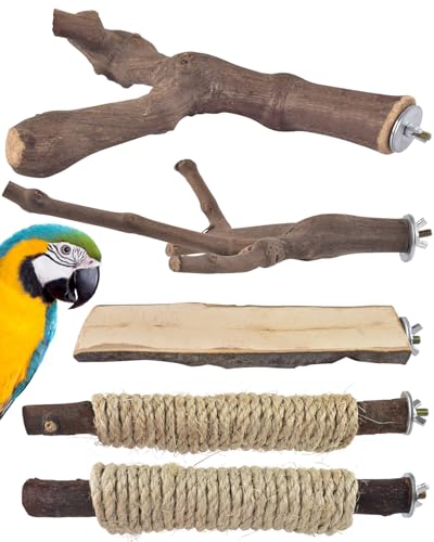 Bissap 5PCS Large Bird Perch Stand, Natural Wood Pole Standing Paw Grinding Fork Parrot Cage Branch with Rope for Macaw African Grey  Pet Medium Large Birds Cage Accessories