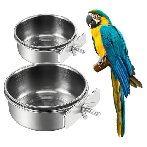 2Pcs Stainless Steel Bird Feeding Bowls, Small Bird Feeding Cup, Stainless Steel Parrot Food Bowl Cage with Holder, Parrot Cage Water Feeder, Pet Cage Cup Holder (Dia 3.93", 4.72",)