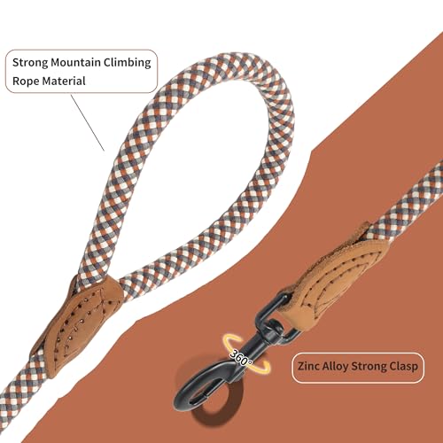 Mile High Life Rope Leash with Genuine Leather Connection, 6 FT/5 FT/4 FT, Heavy Duty Leash for Medium & Large Dogs (Brown, 48 Inch)