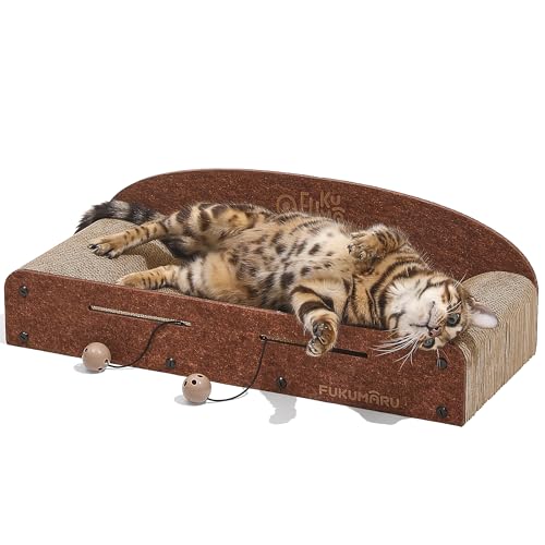 FUKUMARU 26 Inch Cat Scratcher Bed, 2 Reversible Cardboard Cat Scratch Pads Refill for Indoor Cats, Durable Large Cats Scratching Bed Sofa Couch Lounger with Fun Toys, Furniture Protector, Caramel