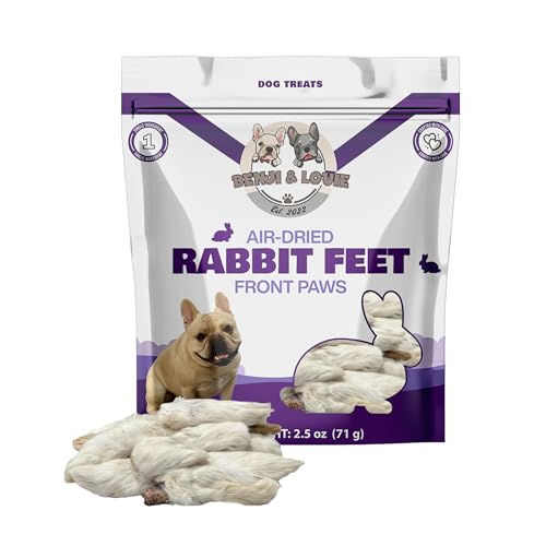 Benji & Louie Air Dried Rabbit Feet - Whole Rabbit Front Feet with Fur - Natural Healthy Dog Treats or Dog Chews, Single Ingredient, 2.5 oz, 12 Count