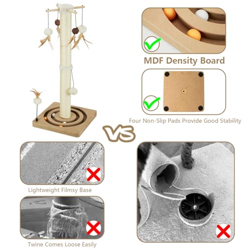 PEEKAB Cat Scratching Post Sisal Scratch Posts for Indoor Cats and Kittens,with Tracking Ball Interactive Toys and Hanging Balls 25 Inches Beige