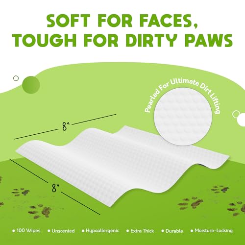 Lick-Safe Daily Pet Wipes for Dogs & Cats - Vet-Approved & Hypoallergenic - Cleans Mud, Odor & Dander - Wipes for Paws, Face & Butt - 10% to Charity - Earth-Friendly & Unscented Cleaning - Pack of 100