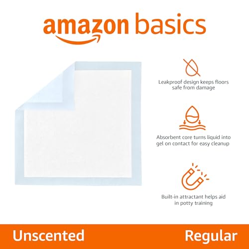 Basics Leak-Proof Dog and Puppy Potty Training Pee Pads with Quick-Dry 5-Layer Super Absorbent Design, Regular Size 22 x 22 inch, Blue & White, 100 Count