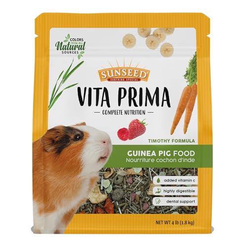 Sunseed Vita Prima Guinea Pig Food 4 lbs. with Timothy Hay, Alfalfa, Vegetables, Seeds Grains, and Added Vitamin C for Wholesome Daily Nutrition and Enriched Small Animal Diet