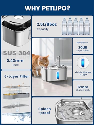Cat Water Fountain Stainless Steel for Cats Indoor 2.5L 85oz by BPA-Free SUS304, Effective 6-Layer Filter Cat Fountain for Drinking 20dB Ultra Quiet & Soft Flow Metal Pet Water Fountain