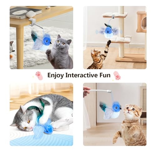 Migipaws Interactive Flapping Bird Cat Toys with Rod, clamp, Elastic String and Catnip, Automatic Chirping Toys for Indoor Cats to Chase, Hanging Feathers for Kitten to Self Play,Rechargeable(Blue)