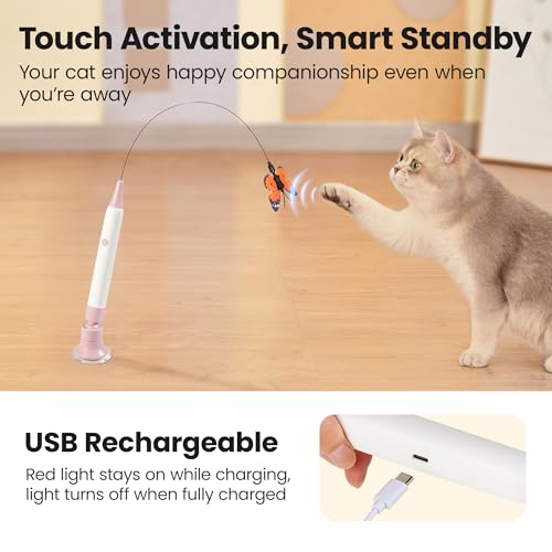 Potaroma Interactive Spinning Butterfly Cat Toy Wand – Rechargebale Electric Touch Activated Cat Teaser with Suction Cup Self-Play & Handheld Mode