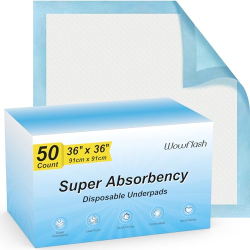50 Count 36" x 36" Super Absorbency Disposable Underpads - Leakproof Quick Drying Pads for Baby, Puppy & Adults, Bed Pads, Incontinence & Dog Pee