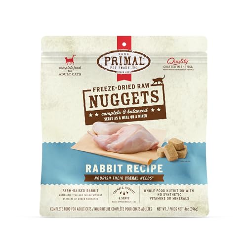 Primal Freeze Dried Raw Cat Food Nuggets Rabbit, Complete & Balanced Meal or Topper, Premium, Healthy, Grain Free, High Protein Raw Cat Food with Probiotics (14 oz)