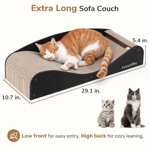 FUKUMARU Cardboard Cat Scratcher Bed, Extra Long 29.1 Inch Cat Scratch Bed Couch Indoor, Natural Felt Multifunctional Cats Scratching Lounger, Horizontal Kitten Cats Scratch Pad with Ball Toy, Black