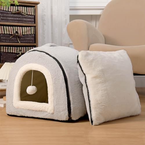 Cat Bed for Indoor Cats，Foldable cat cave，Anti-Slip & Water-Resistant Bottom，cat Houses for Indoor Cats or Small Dogs, Kitten Tent, Rabbit Bed，2 in 1 pet Bed (Grey)