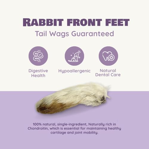 Benji & Louie Air Dried Rabbit Feet - Whole Rabbit Front Feet with Fur - Natural Healthy Dog Treats or Dog Chews, Single Ingredient, 2.5 oz, 12 Count