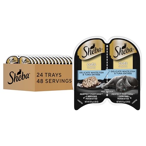 Sheba Perfect Portions Wet Cat Food Cuts in Gravy, Cat Food Wet Recipe, Delicate White Fish & Tuna, 2.6 oz. Twin-Pack Trays (24 Count, 48 Servings)