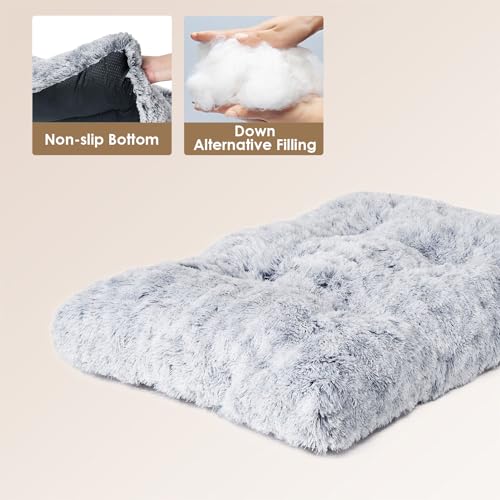 EHEYCIGA Fluffy Dog Crate Bed for Extra Large Dogs, Plush Faux Fur Pad, Calming Anti Anxiety XL Bed for Crate, Washable Soft Warm Dog Mat with Non-Slip Bottom, Grey