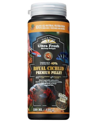 Ultra Fresh Cichlid Sinking Fish Food, Wild Sword Prawns, All Natural Ingredients, Carnivore Pellets for Large Cichlid and Tropical Fish, Royal Cichlid Premium Pellet 4.58 oz