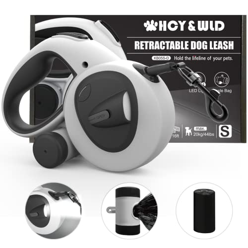HCY&WLD Upgrade 4-in-1 Retractable Dog Leash with LED Light & Dispenser & Poop Bags, 16 ft Heavy Duty Dog Leash with Anti-Slip Handle for Dogs up to