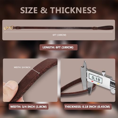 QUMY Leather Dog Leash 6ft, Heavy Duty Dog Training Leash for Large and Medium Dogs, Soft and Strong Genuine Leather Braided Handmade Long Lead Leash