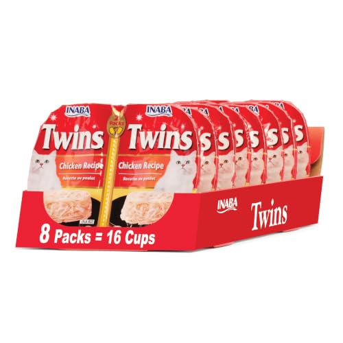 INABA Twins for Cats, Shredded Chicken & Broth Gelée Side Dish/Topper Cups with Green Tea Extract, 1.23 Ounces per Serving, 16 Servings, Chicken