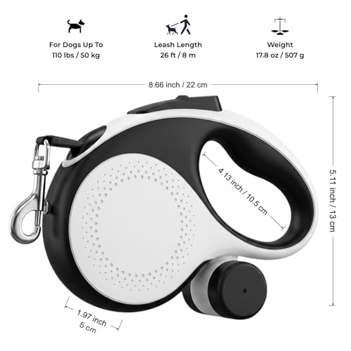 Retractable Dog Leash 26FT for Large Dogs up to 110lbs, Extra Long Strong Nylon Tape, 360° Tangle-Free, One-Handed Brake&Lock, with Poop Bag