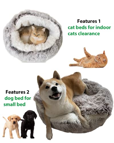 ShinHye Cat Bed Round Plush Fluffy Hooded Cat Bed Cave, Cozy for Indoor Cats or Small Dog beds, Soothing Pet Beds Doughnut Calm Anti-nxiety Dog Bed - Waterproof Bottom Washable (20×20inch, Grey)