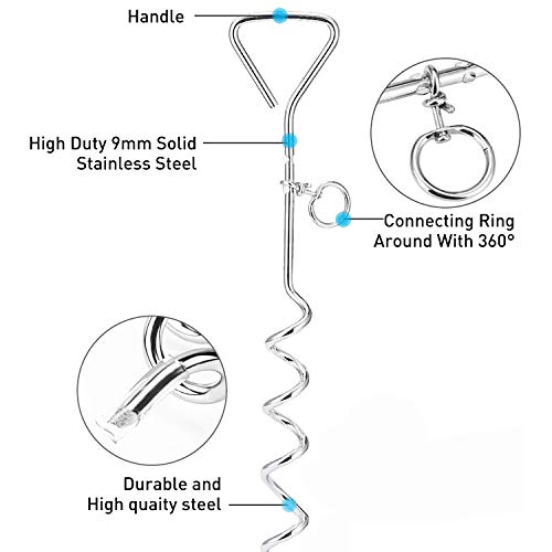 Dog Tie Out Cable and Anti Rust Spiral Stake , 30ft Outside Leash&Chain for Camping and Yard, 16'' Heavy Duty for Medium-Large Dogs Up to 125 lbs