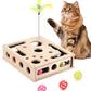 Cat Toys for Indoor Cats - Interactive Box Puzzle Toy Nail File Scratcher Hunting Play Toy with 3 Jingle Balls & 1 Feather Wand, Wooden Puzzle Treat Toy Box Energize Cat Instincts for Bored Cats