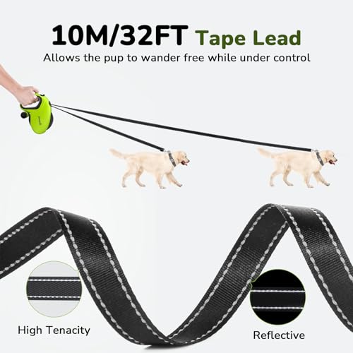Pecute 32ft Retractable Dog Leash with Reflective Strips, 360° Tangle-Free, One-Button Control & Sturdiness Nylon Material, Long Leash Retractable